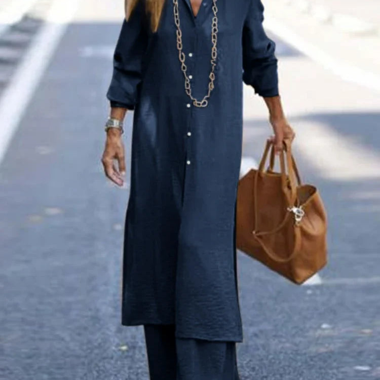 Summer Fashion Plus Size Women's New Matching Collection Elegant Loose Robe Wide Leg Pants Temperament Two Piece Set Navy Blue