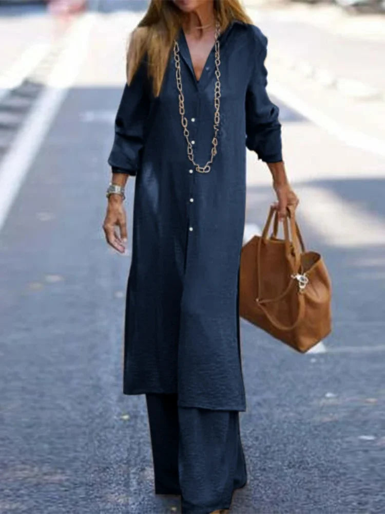 Summer Fashion Plus Size Women's New Matching Collection Elegant Loose Robe Wide Leg Pants Temperament Two Piece Set Navy Blue