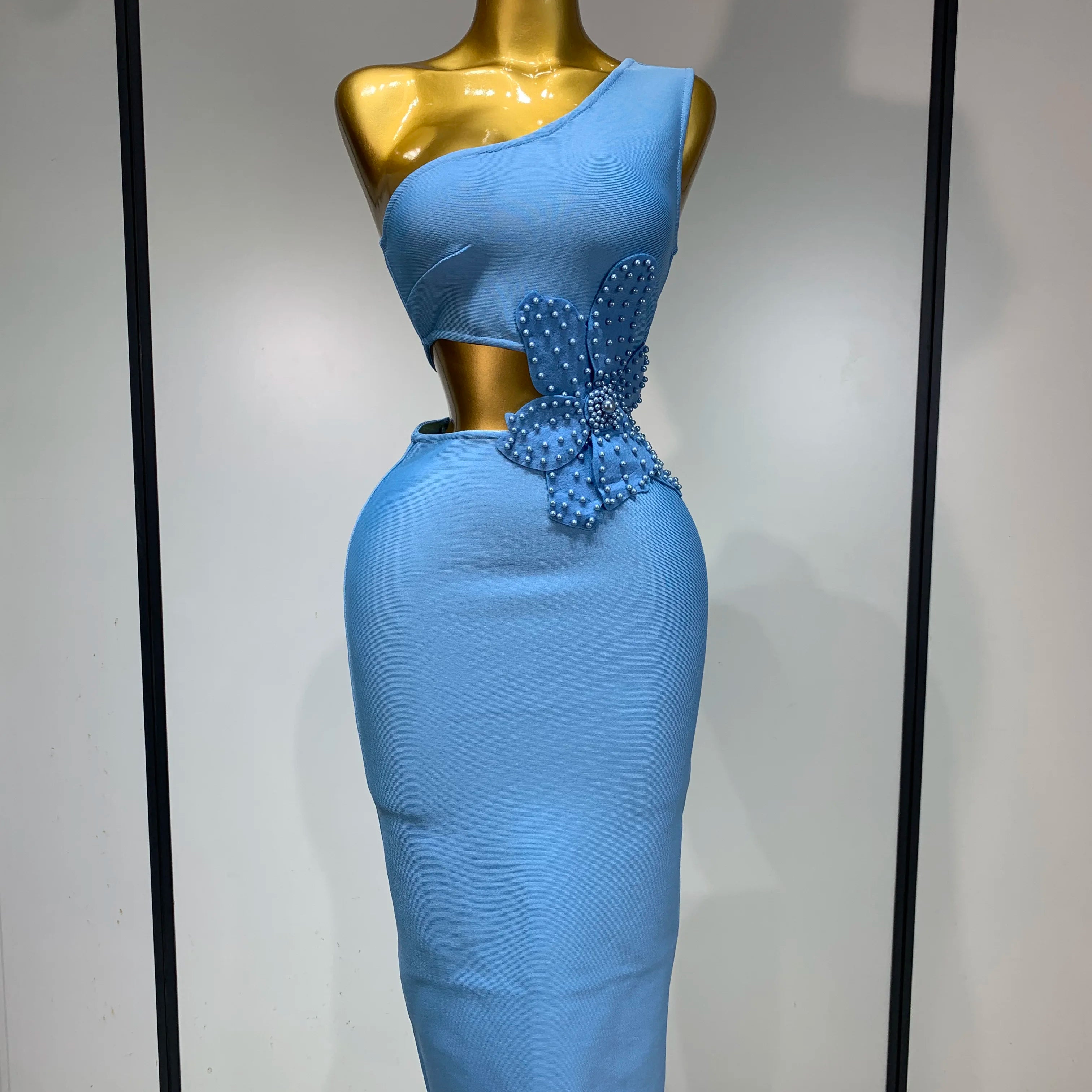 Women Sexy Luxury Birthday One Shoulder Pearl Sky Blue Bodycon Bandage Dress 2025 Celebrity Elegant Evening Club Party Outfit SKY BLUE