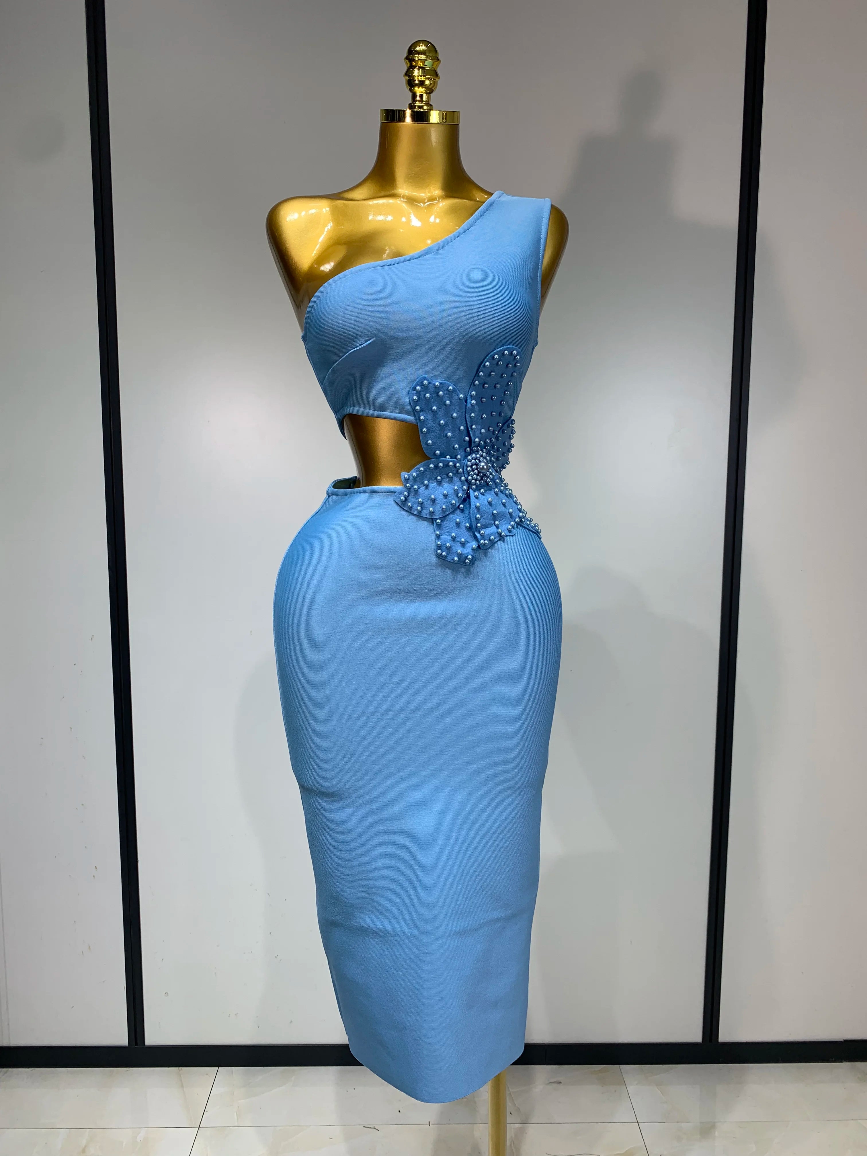 Women Sexy Luxury Birthday One Shoulder Pearl Sky Blue Bodycon Bandage Dress 2025 Celebrity Elegant Evening Club Party Outfit SKY BLUE