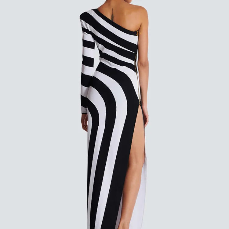 Women Celebrity Sexy One Shoulder Striped Jacquard Maxi Long Split Bodycon Bandage Dress 2024 Elegant Evening Club Party Dress