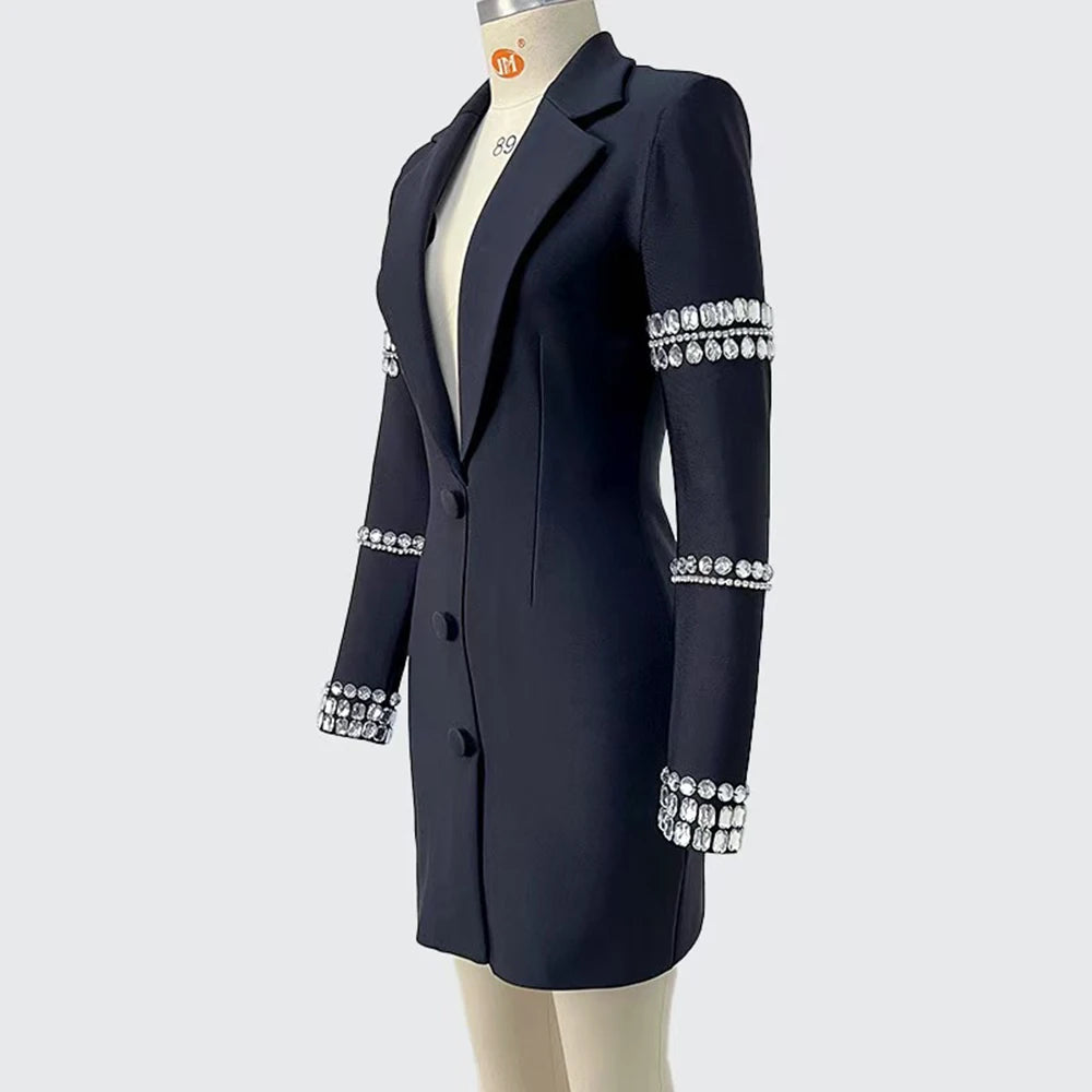 Solid Slimming Spliced Diamonds Dresses for Women Lapel Long Sleeves Patchwork Single Breasted Elegant Dress Female