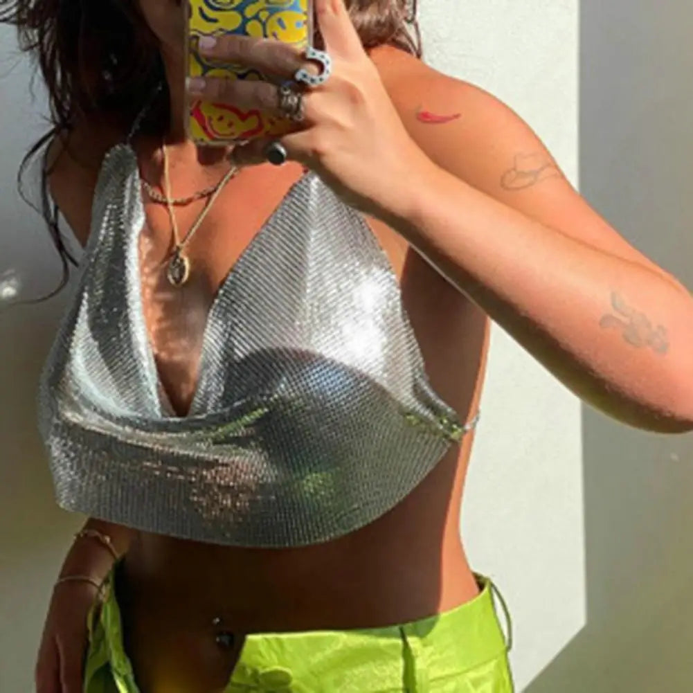 Sexy Vest Loose Summer Vest Deep V-neck Sleeveless Off Shoulder Navel Exposed Women Metal Texture Sexy Low-cut Halter Top Dating