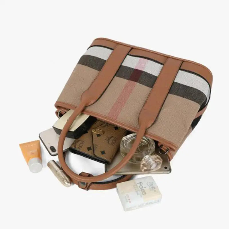 Black Female Bag Designer Luxury Handbags Plaid Printed Women Hand Bag Wide Strap Canvas Pu Leather Shoulder Bag Lady Purse