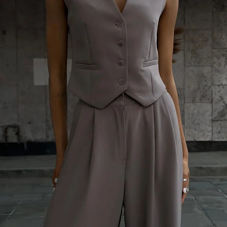 New Two Piece Wide Leg Pants Set Women's Spring New V-Neck Sleeveless Vest with Hanging Wide Leg Pants Casual Set
