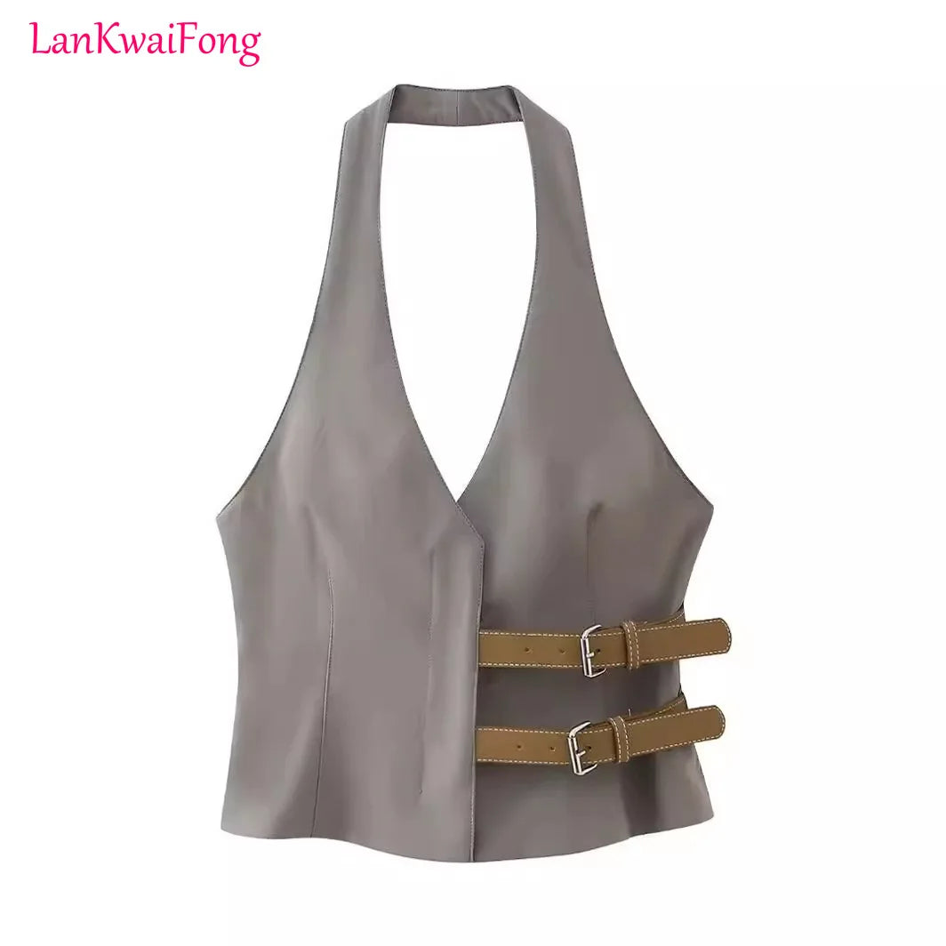 LKF Summer New Fashion Women's Street Style Backless Halter Belt Vest Top + Pants 2-piece Suit for Women