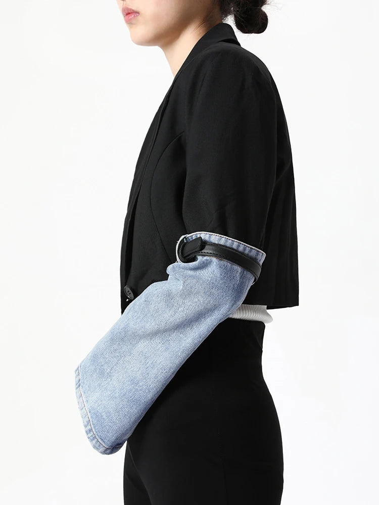 Colorblock Patchwork Denim Casual Coats For Women Lapel Long Sleeve Spliced Button Coat Female Fashion Clothing New