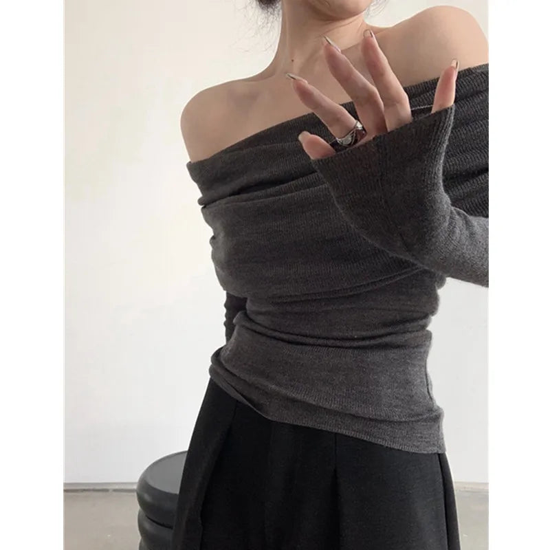 Women Off Shoulder Slash Neck Sweater Long Sleeve Knitwear Solid Thin Pullovers Office Lady Elegant Tops Women Fall Winter