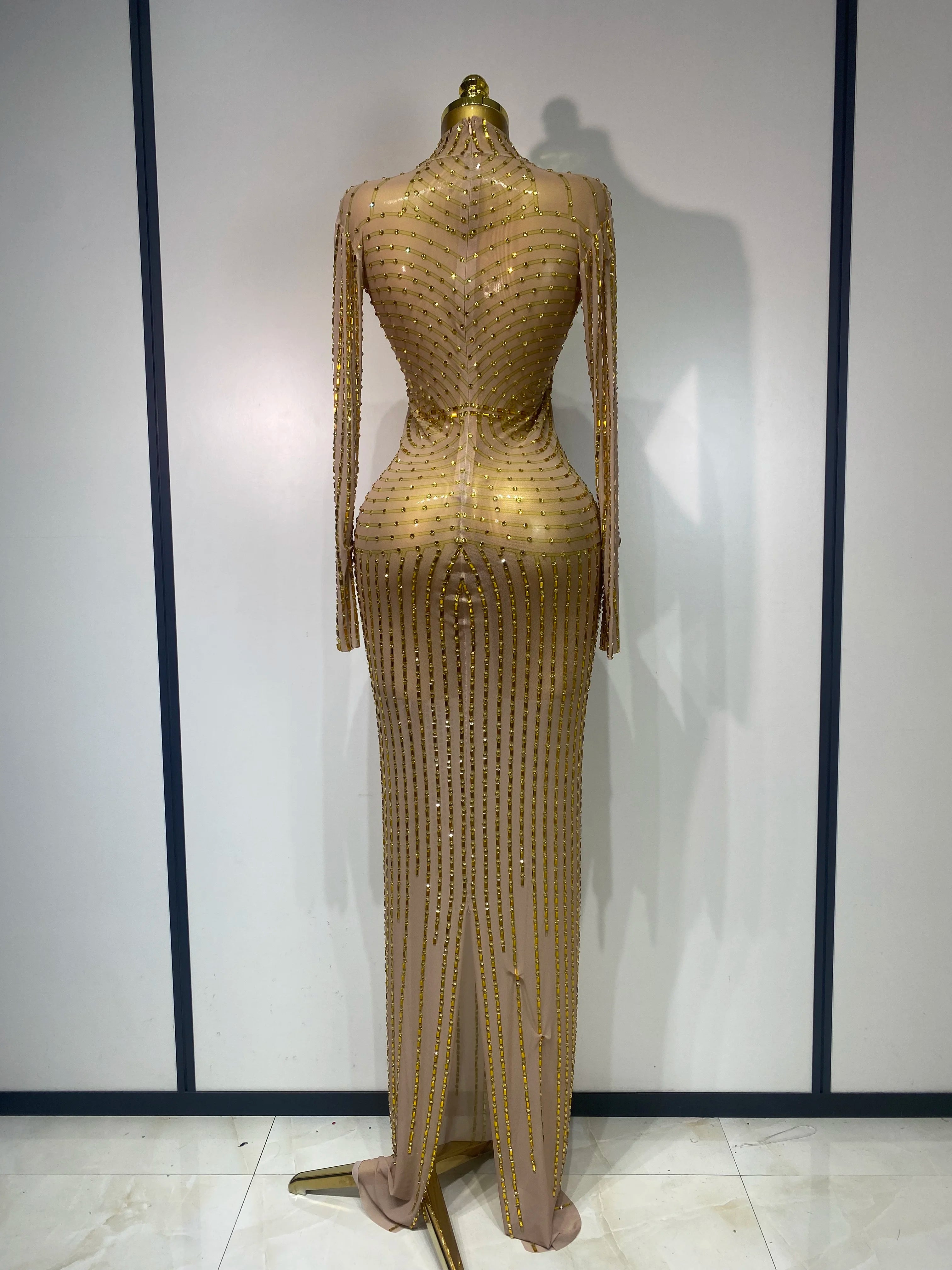 Sexy Long Sleeve Mesh See Through Gold Silver Maxi Dress Evening Party Singer Costume Stage Performance Luxury Birthday Dress