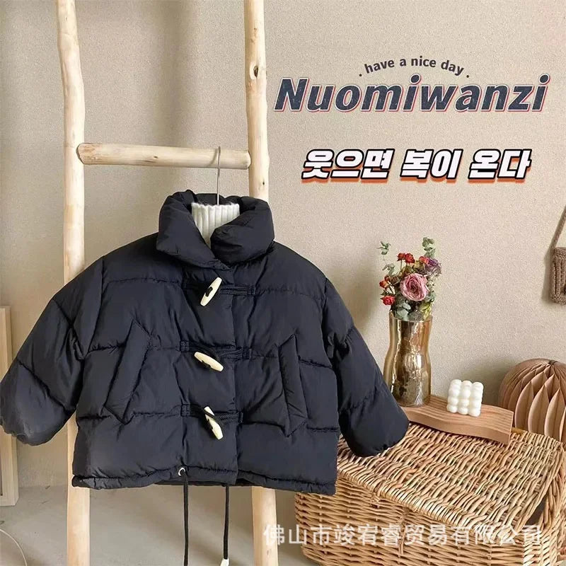 Winter Warm Down Jacket Kids Cotton Clothes Girls Thick Outerwear Children's Coat Fashion Cropped Jacket 2-10 Years Black