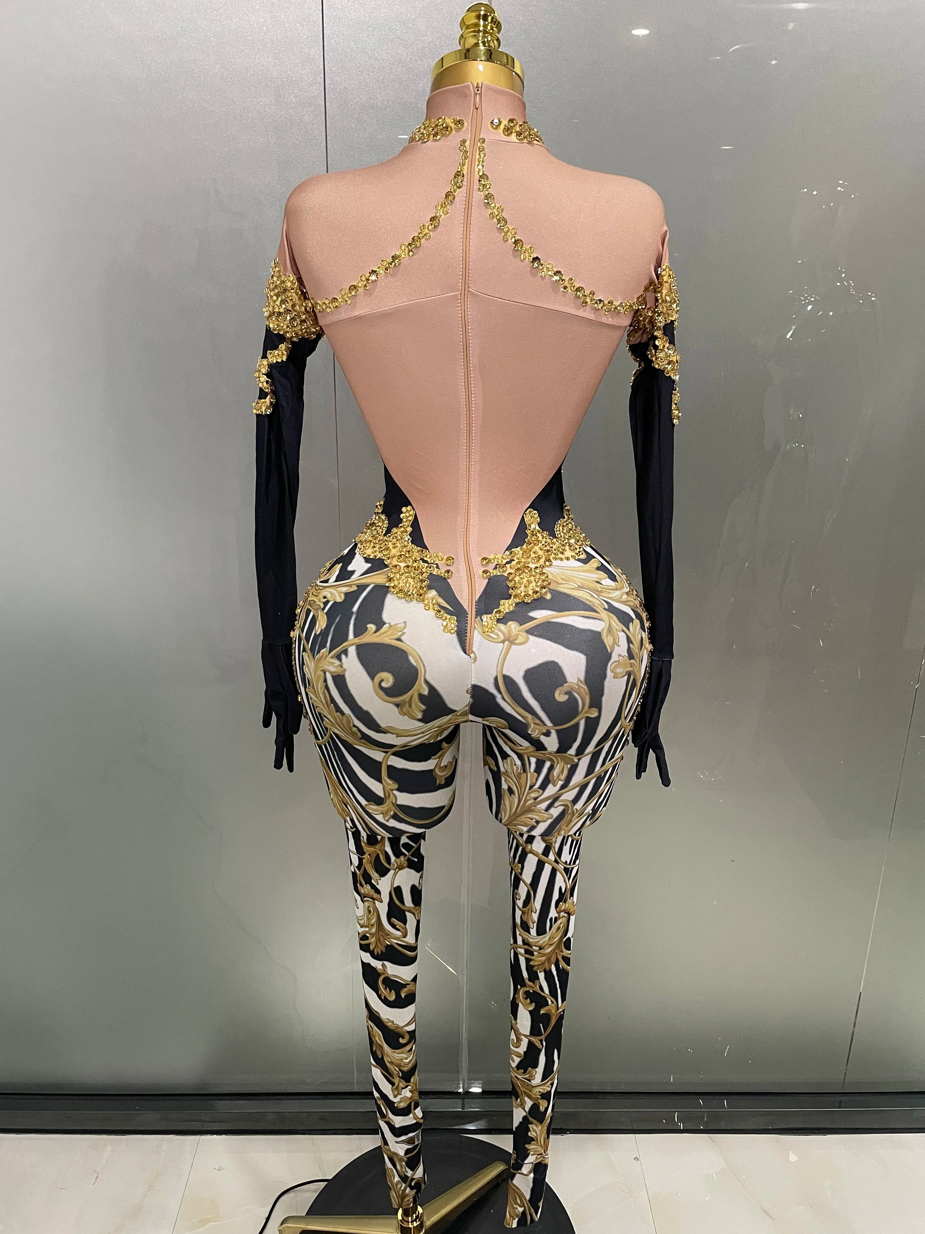 Sparkly Gold Rhinestones Jumpsuit With Gloves 2025 New Women Sexy Printed Party Nightclub Bar Singer Stage Performance Costume