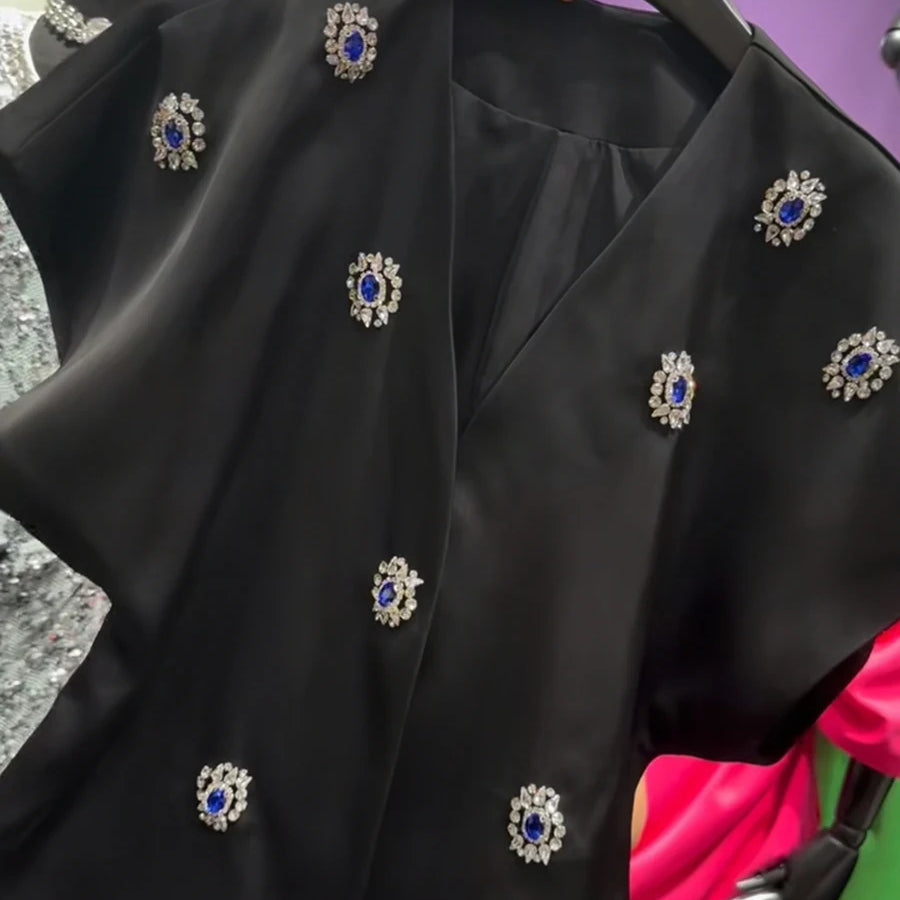 Slimming Elegant Two Piece Sets for Women V Neck Short Sleeves Patchwork Bead Top High Waist Long Skirt Set Female