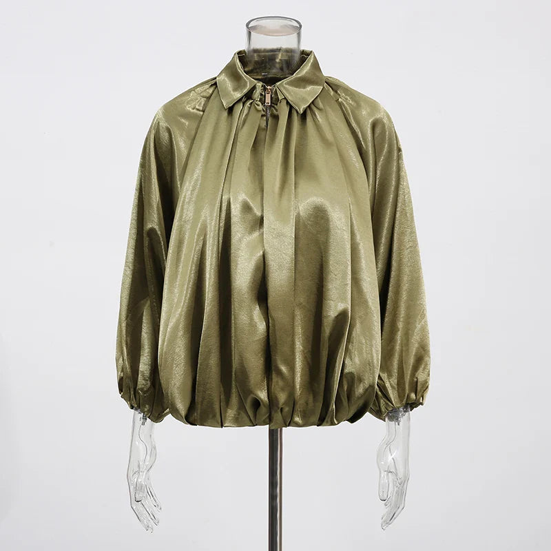 Solid Spliced Folds Casual Jackets for Women Lapel Long Sleeves Patchwork Zipper Temperament Jacket Femlae Fashion GREEN