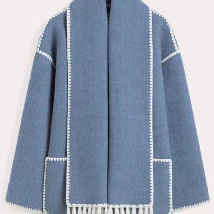 Woolen Jacket Women 2024 Autumn Winter Patchwork Tassel Coats Casual Fashion Long Sleeve Loose Top Warm Women's Suit Streetwear Lake Blue