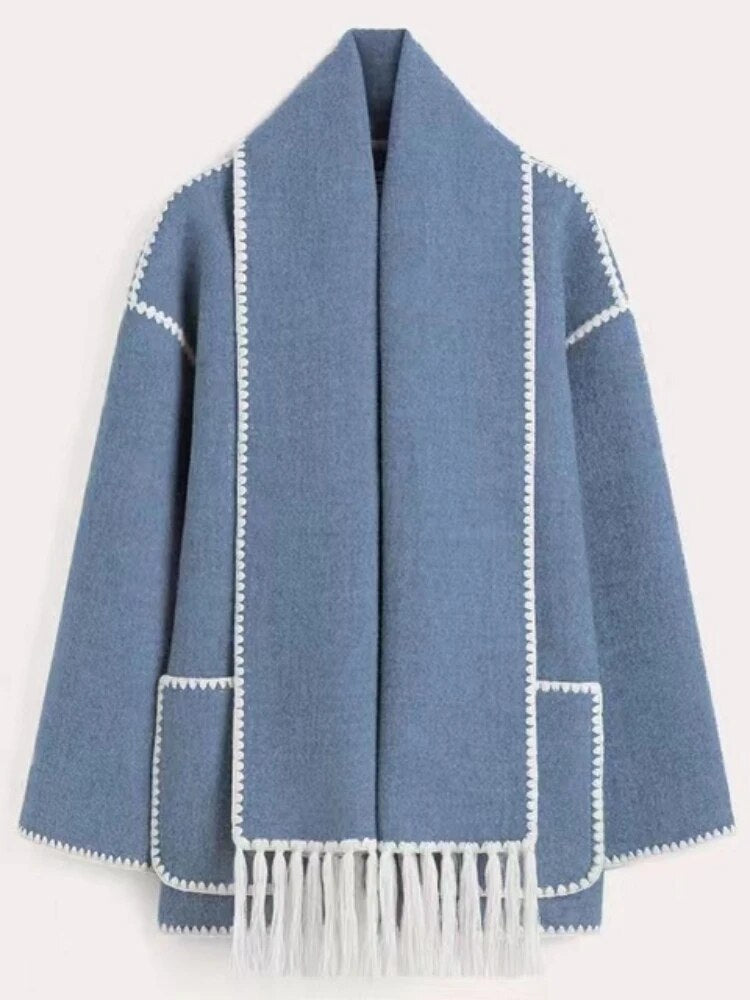 Woolen Jacket Women 2024 Autumn Winter Patchwork Tassel Coats Casual Fashion Long Sleeve Loose Top Warm Women's Suit Streetwear Lake Blue