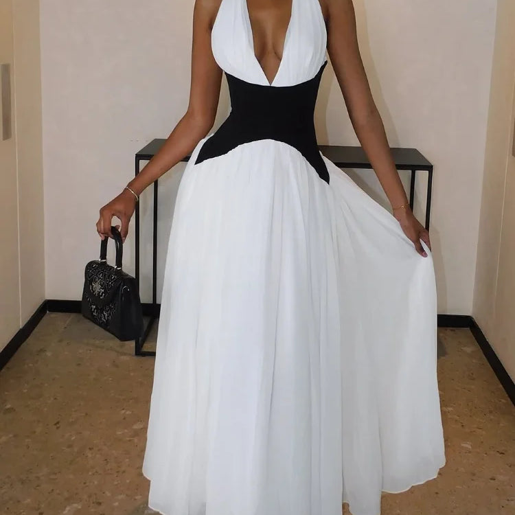 Elegant Contrasting Woman Long Dresses New Summer Sexy V Neck High Waist A-line Midi Vestidos Lady Evening Sleeveless Club Robes black and white