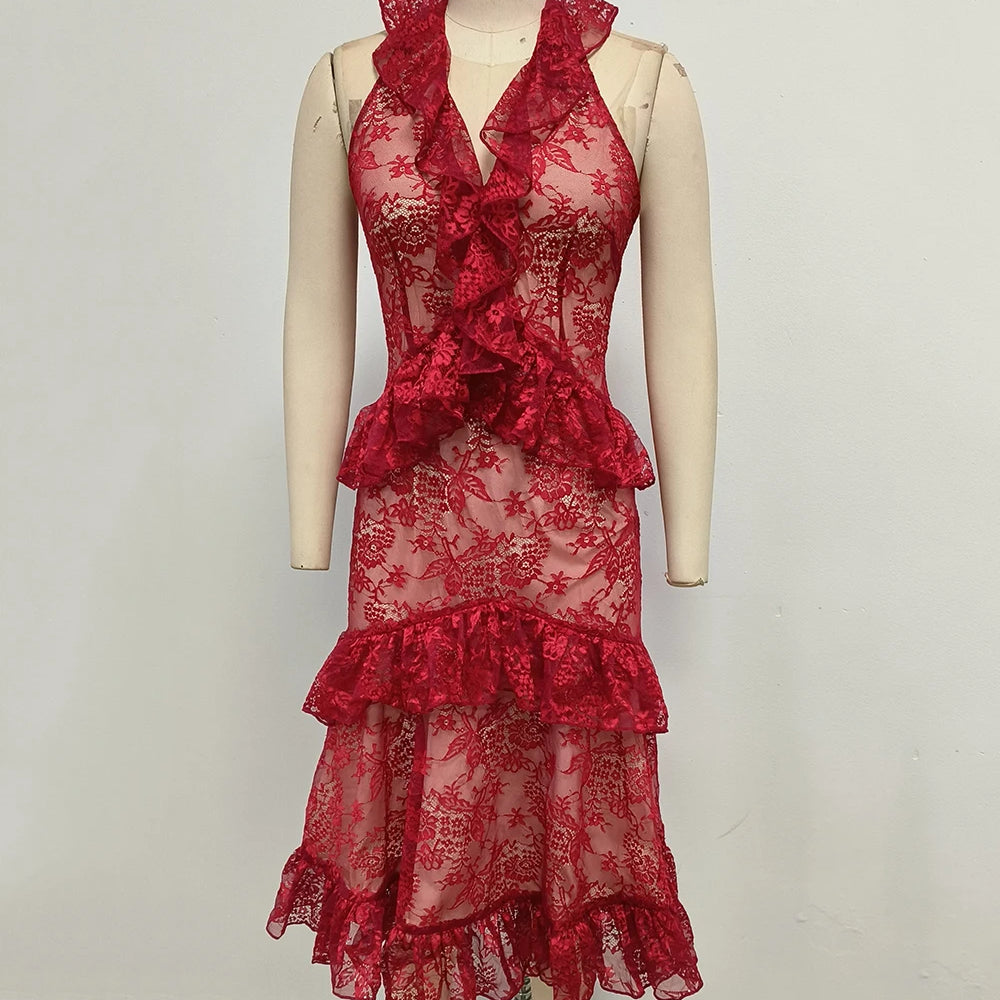 Sexy Lace Midi Halter Dress Women Red Ruffle Backless Sleeveless Party Dresses 2025 Summer Lady Vacation Robes New