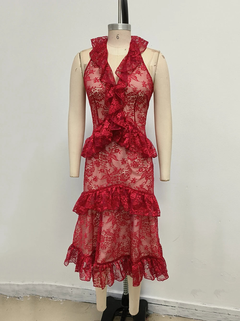 Sexy Lace Midi Halter Dress Women Red Ruffle Backless Sleeveless Party Dresses 2025 Summer Lady Vacation Robes New