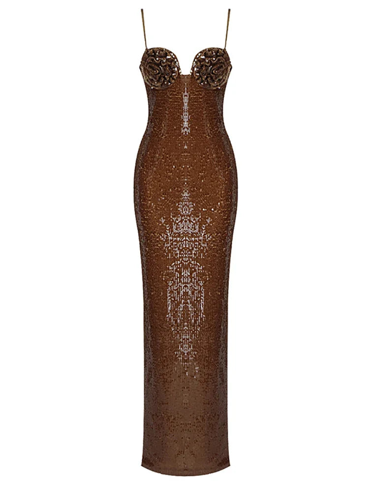 Sexy V Neck Spaghetti Straps Slit Long Dress Luxury Sleeveless Sequins Flower Bodycon Dress Celebrity Runway Club Party Dress AS Picture