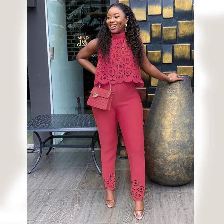 Wmstar Women Two Piece Set Plus Size Summer Fashion Sleeveless Casual Outfits Solid Color Holiday Long Pants Office Streetwear Wine Red