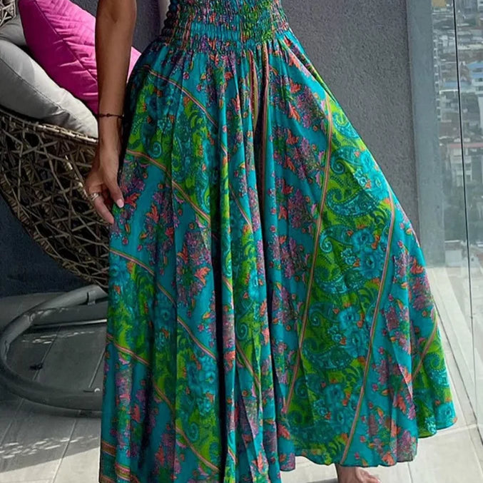 Women Fashion Bandanna Paisley Big Swing High Waist Maxi Skirt Streetwear 2024 Boho Vintage Casual Long Skirts Deep Green