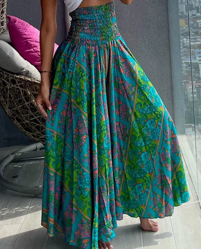 Women Fashion Bandanna Paisley Big Swing High Waist Maxi Skirt Streetwear 2024 Boho Vintage Casual Long Skirts Deep Green