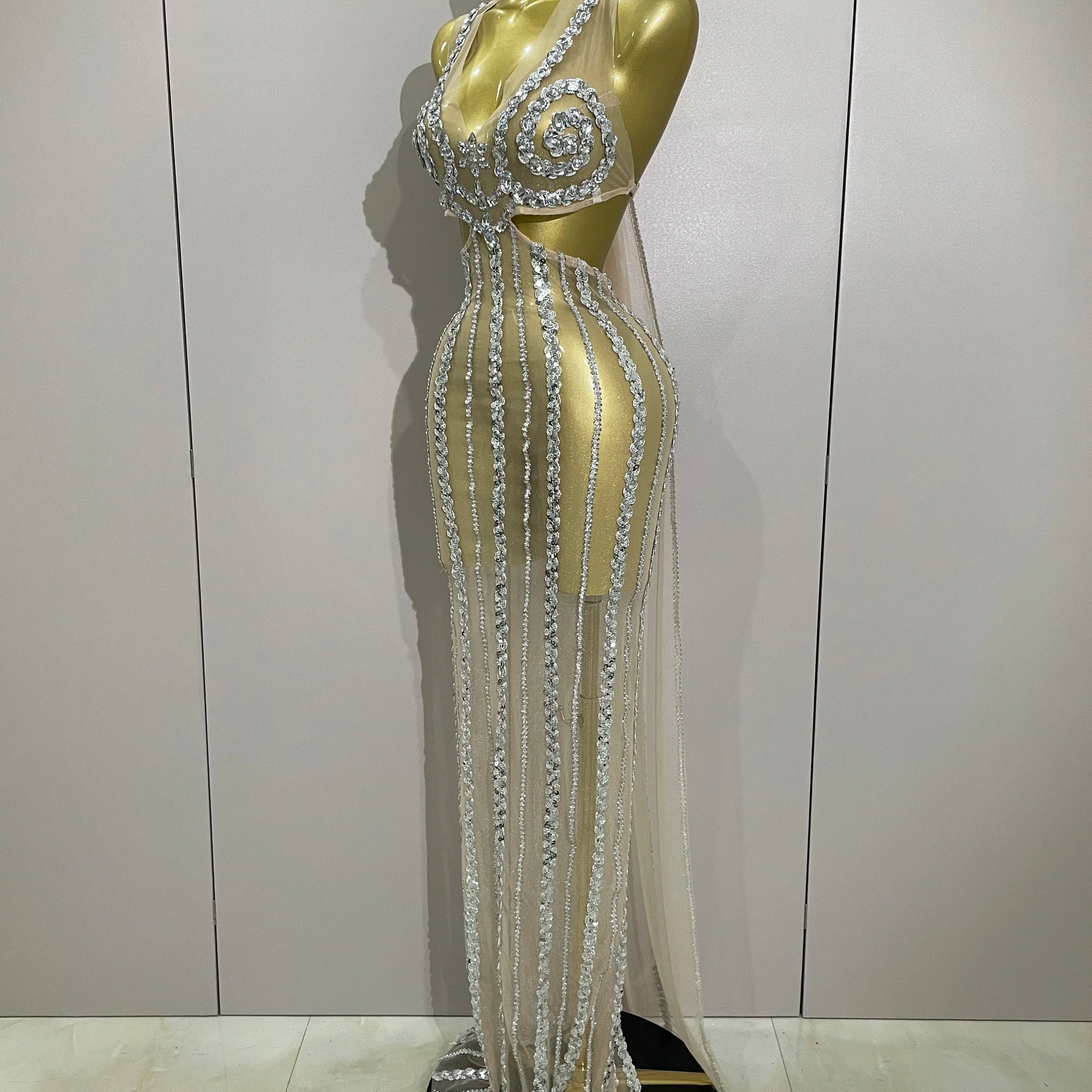 Luxury Sparkly Diamonds Sequins Sexy Mesh See Through Long Dress 2025 Women Celebrate Birthday party Dresses Festival Costume