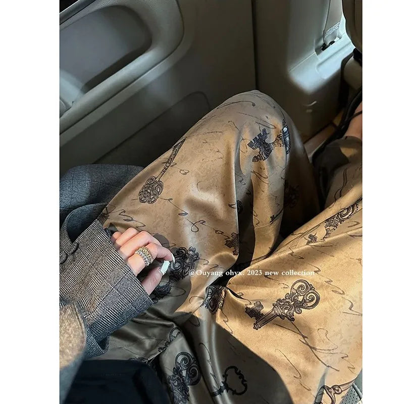 Summer Korean Style Women Vintage Print Ankle-length Pants Casual Loose Button Fly Waist Wide Leg Pants