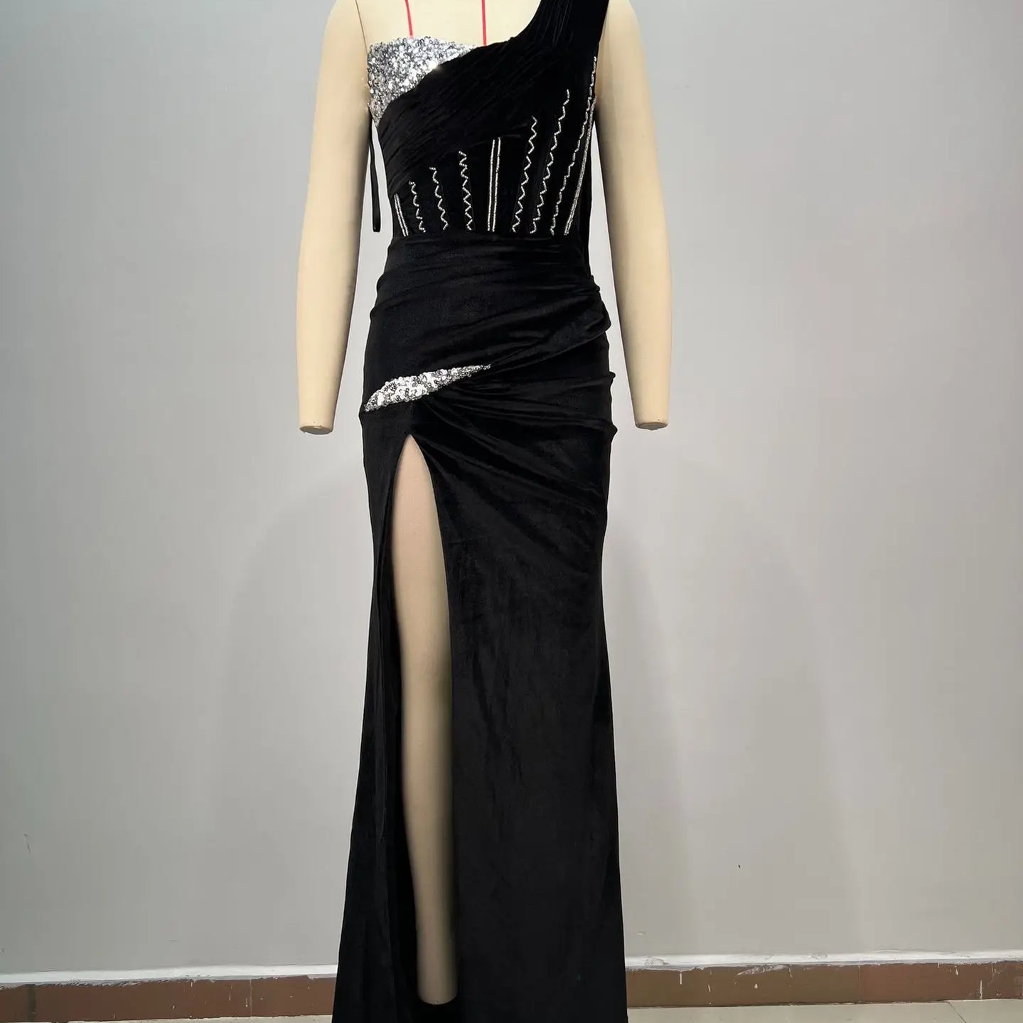 Luxury Diammonds High Slit One Shoulder Long Ribbon Velvet Strapless Floor Length Dress Celebrity Party Dress Birthday Vestido