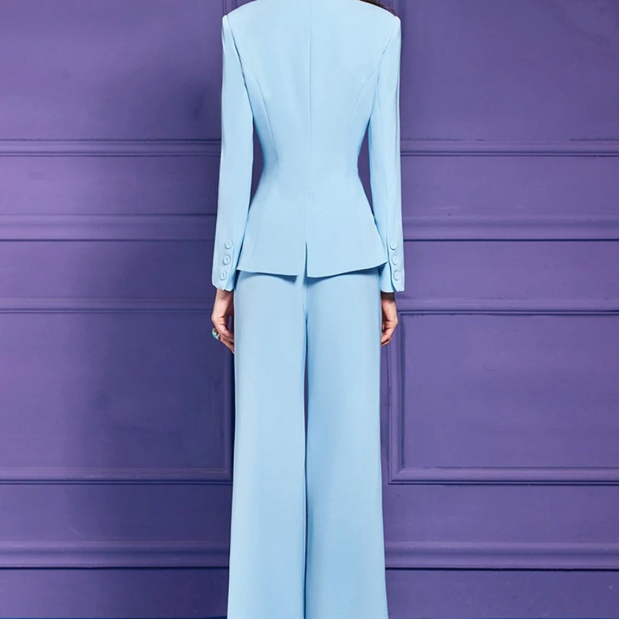 Slimming Spliced Bead Two Piece Sets for Women V Neck Long Sleeves Patchwork Button Top High Waist Pants Set Female