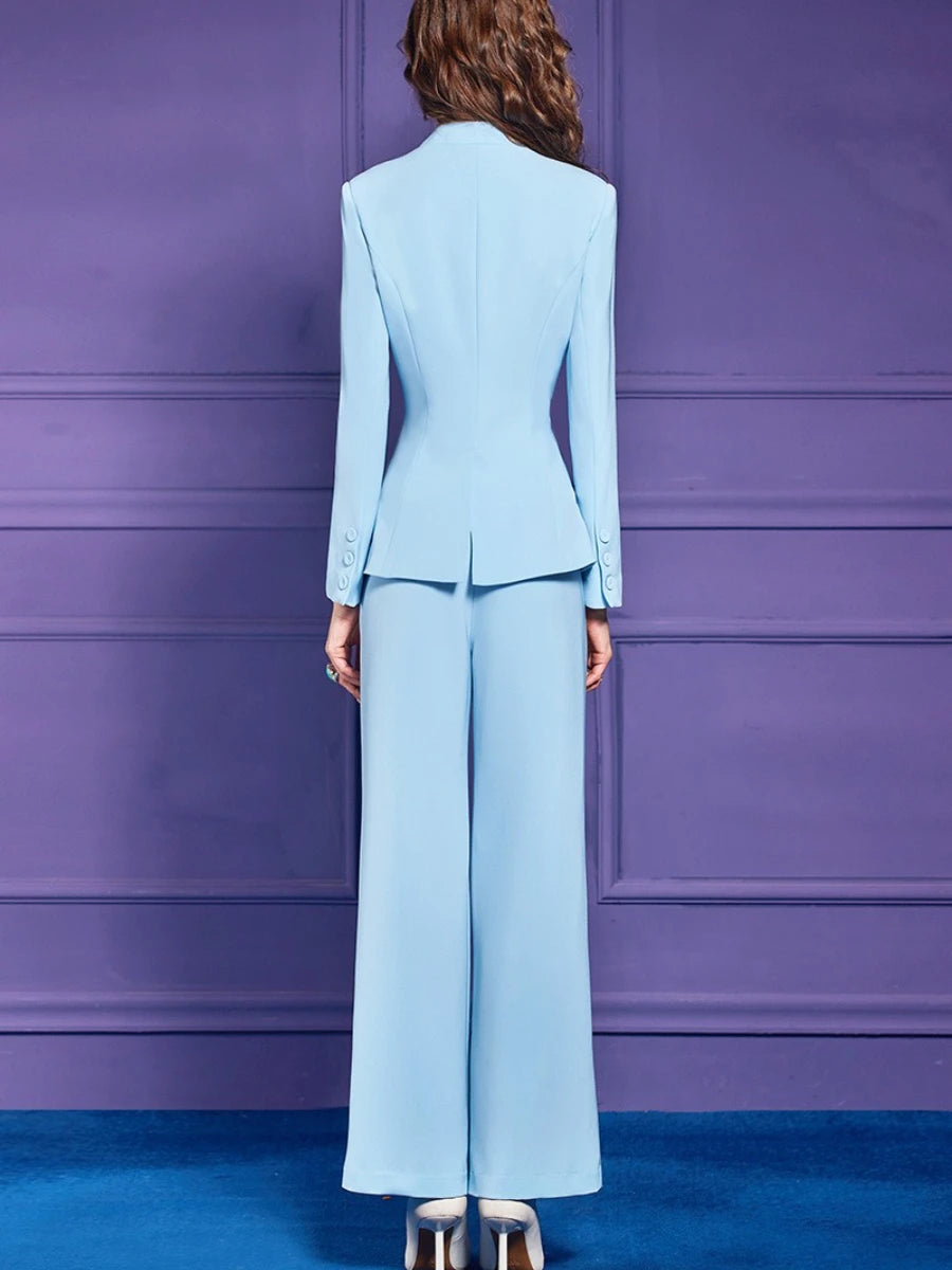 Slimming Spliced Bead Two Piece Sets for Women V Neck Long Sleeves Patchwork Button Top High Waist Pants Set Female