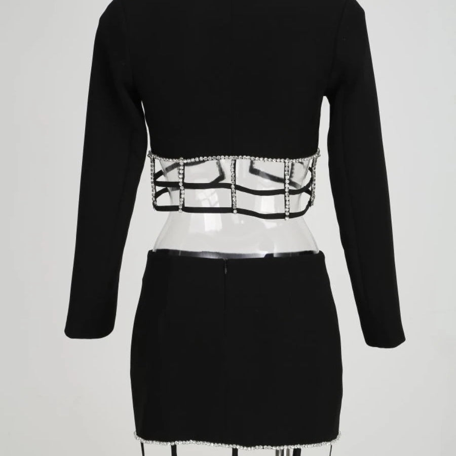 Solid Slimming Spliced Bead Two Piece Sets for Women Lapel Long Sleeves Top High Waist Skirt Hollow Out Set Female