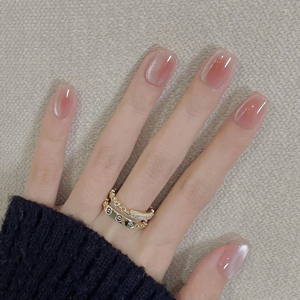 24Pcs Gradient Color Fake Nail Simple Short Ballet Wearable False Nails with Cat Eye Design Press on Nails Full Cover Nail Tips 5