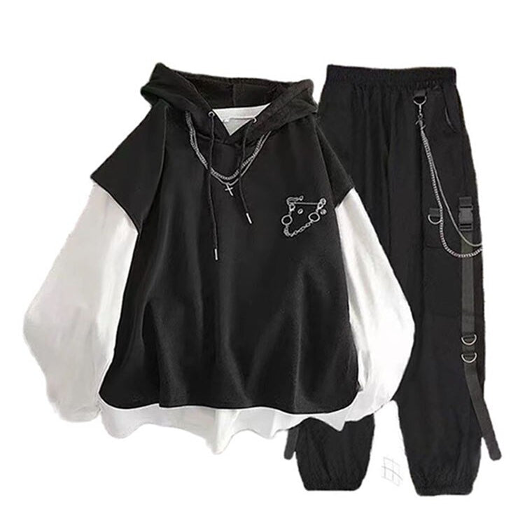 Women Streetwear Harajuku 3 Piece Set Pants For Women Chain Spring Cargo Pants+Hooded Vest+White Loose Blouse 3 piece