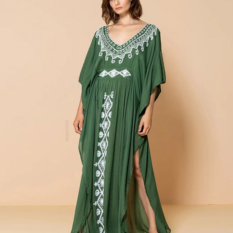 Plus Size Kaftan Tunic Beach Dress Swim Wear Bathing Suit Cover Up 1052-green One Size