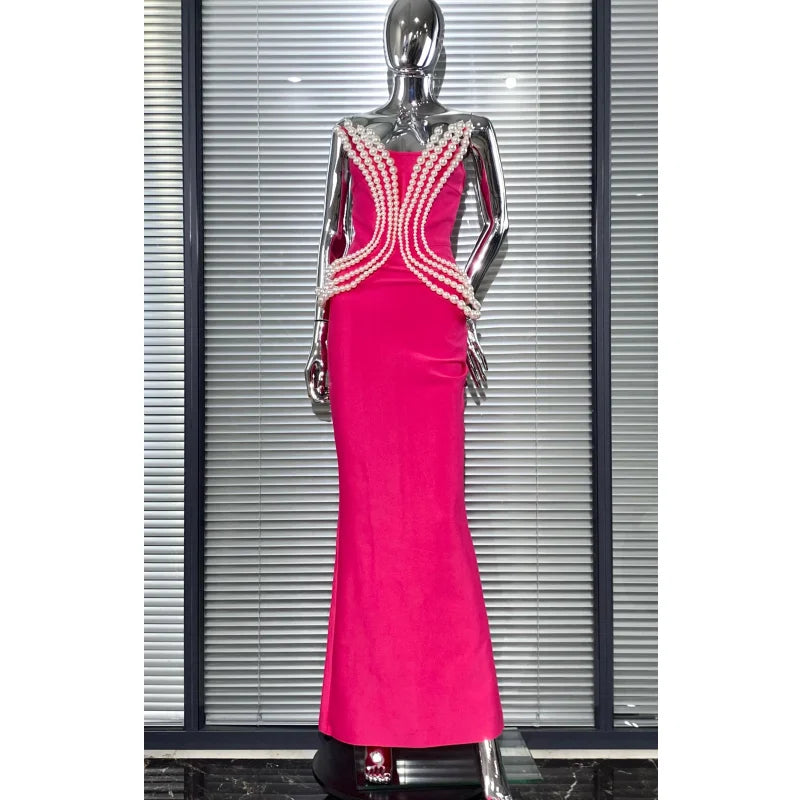 Luxury Pearl Geometric Design Strapless Package Hips Bandage Long Dress Elegant Woman Party Dress Celebrity Party Vestido