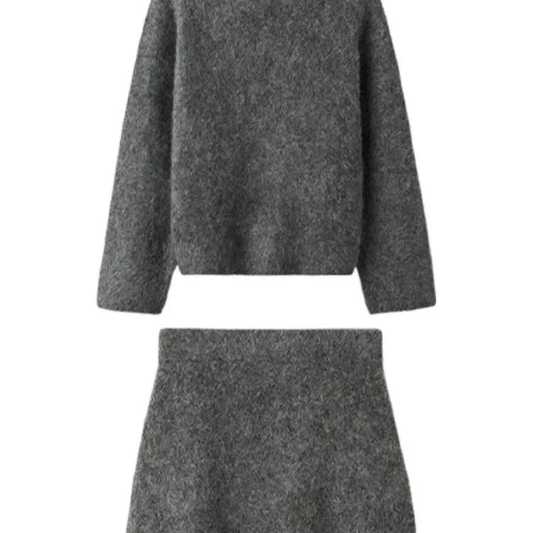 Women Fashion Wool Half Sleeve Slim Skirts Suits Female Button Knit Top Suit New Lady Commute Casual Knitted Outfits DarkGray Suit