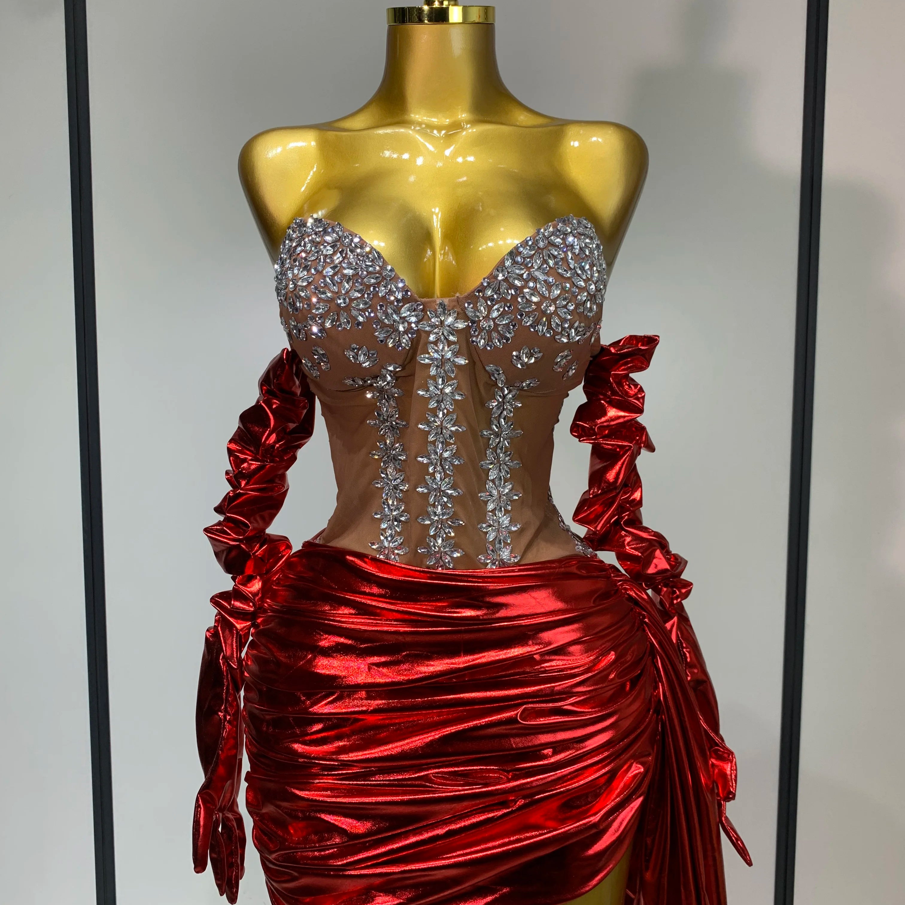 Sparkly Diamonds Sexy Mesh See Through Mini Dress Glove Women Celebrate Party Luxury Birthday Nightclub Perform Stage Outfit Red