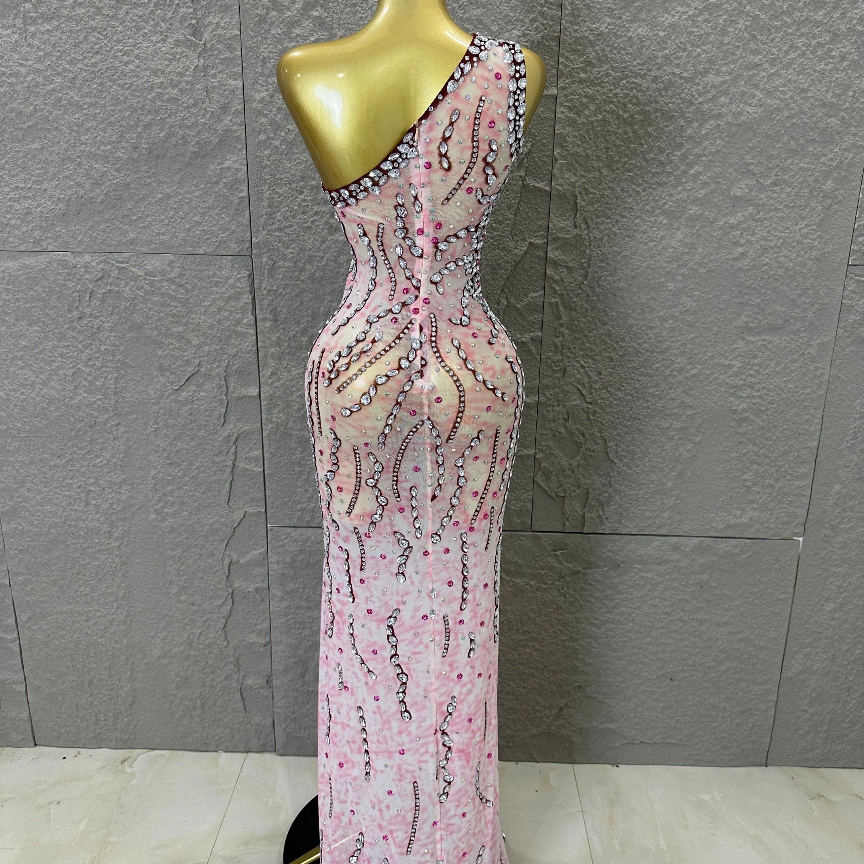 Women Sexy One-Shoulder Crystal Rhinestone Cutout High Slit Sheer Mesh Bodycon Outfit Stage Performance Evening Party Costume