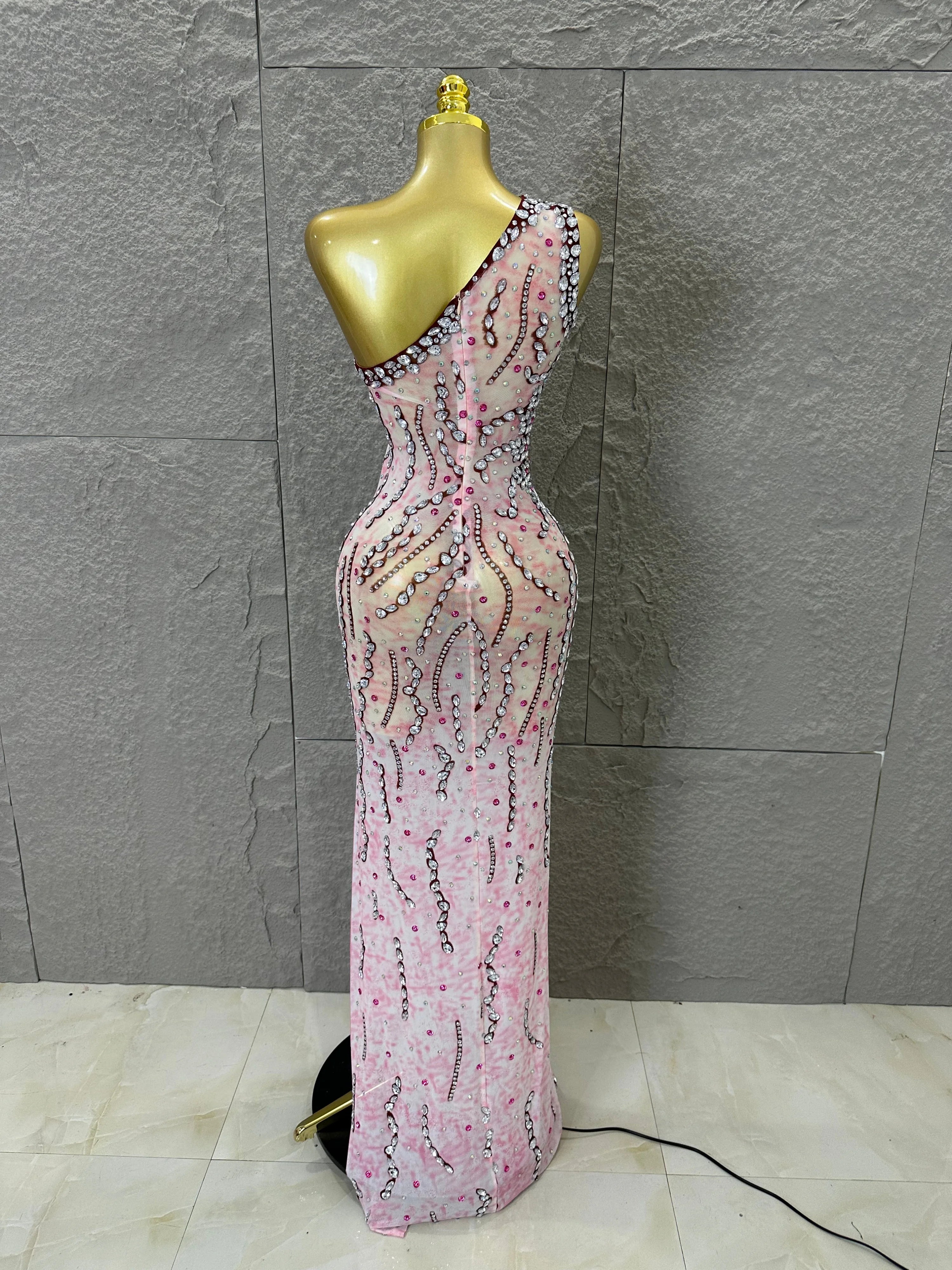Women Sexy One-Shoulder Crystal Rhinestone Cutout High Slit Sheer Mesh Bodycon Outfit Stage Performance Evening Party Costume