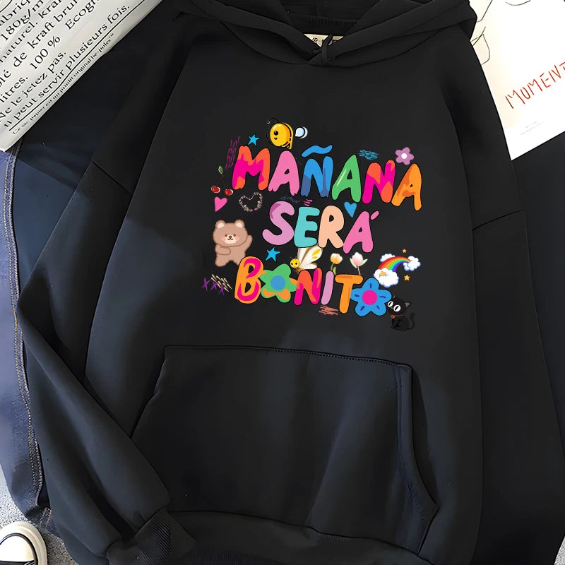 Rainbow Letter Print Women Sweatshirt Soft Warm Casual Female Hoodies Autumn Loose Fleece Tops for Girls Black