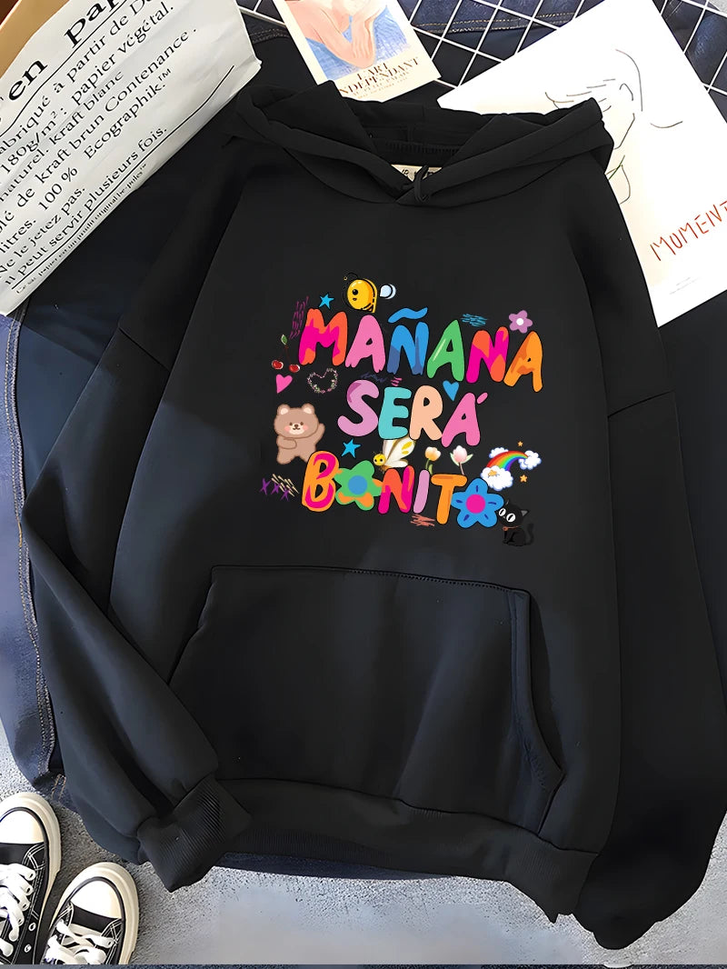 Rainbow Letter Print Women Sweatshirt Soft Warm Casual Female Hoodies Autumn Loose Fleece Tops for Girls Black