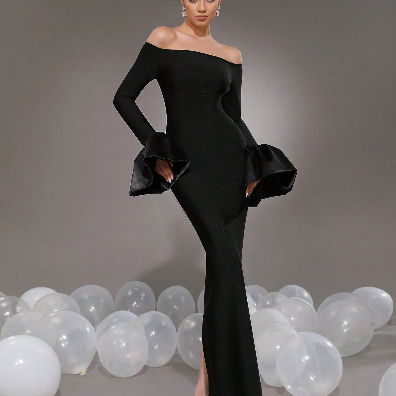 2024 Elegant Women's Black Maxi Dress Stand up Neck Flare Sleeves Bodycon Bandage Long Dresses Cocktail Evening Party Vestidos Black 2