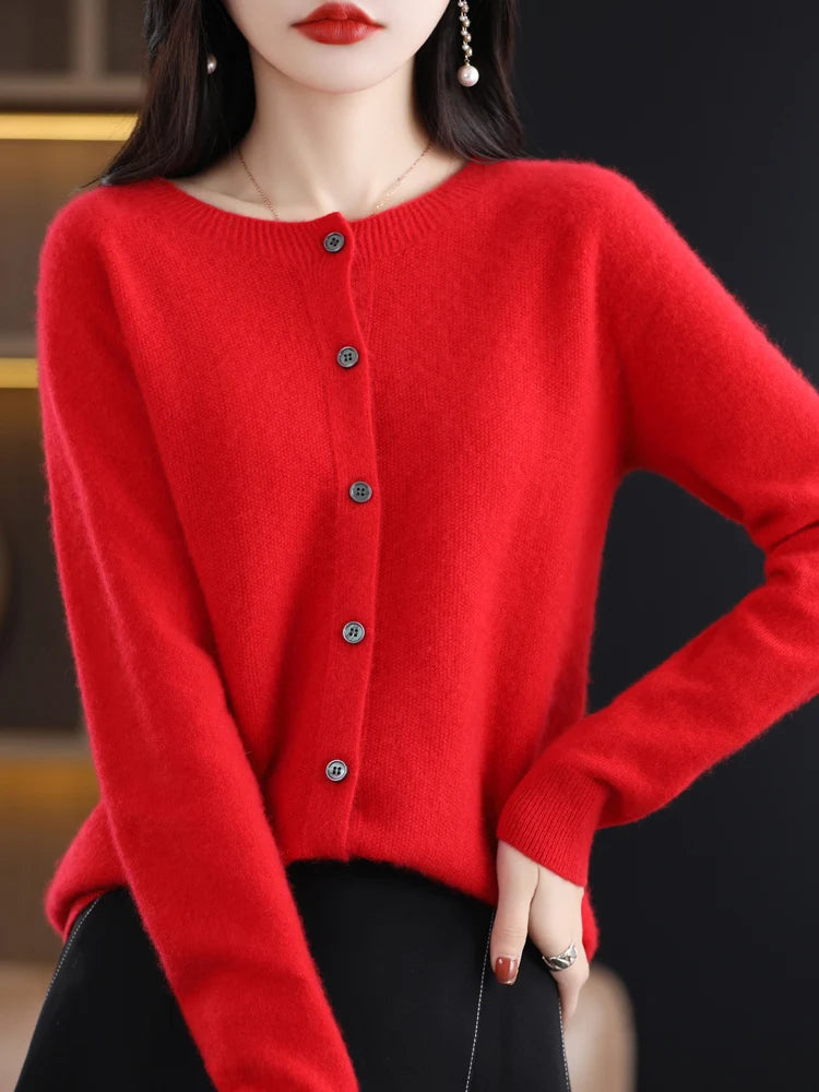 Aliselect Autumn Winter Women 100% Merino Wool Sweater O-Neck Tops Long Sleeve Basic Cashmere Knitwear Cardigan Clothing Coat Red