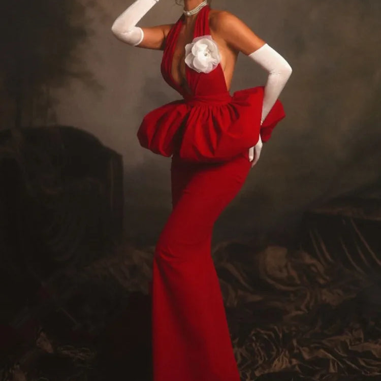 New Women Celebrity Sexy Halter Backless Red Flower Maxi Long Bodycon Bandage Dress 2025 Elegant Evening Club Party Dress