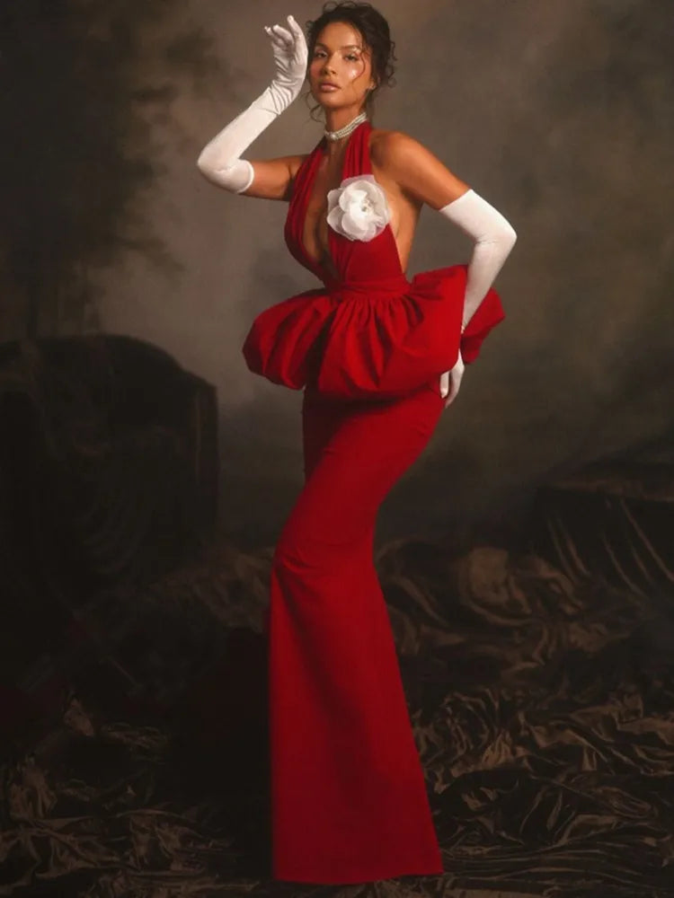 New Women Celebrity Sexy Halter Backless Red Flower Maxi Long Bodycon Bandage Dress 2025 Elegant Evening Club Party Dress