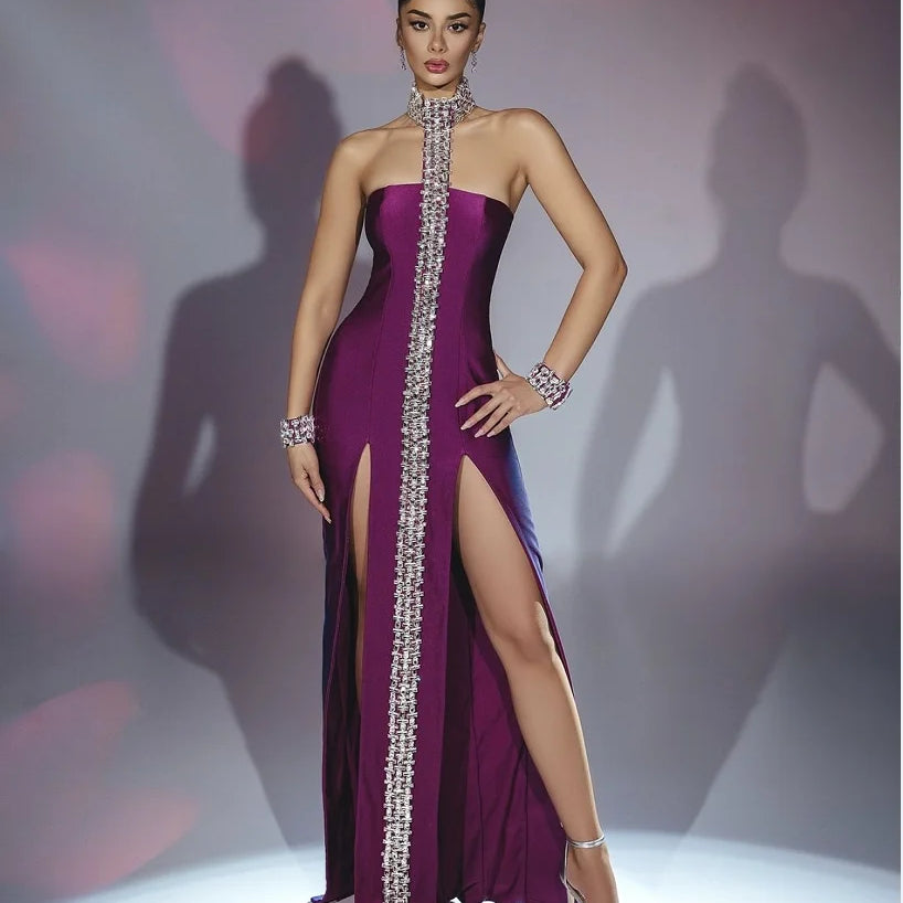 Purple Black Sparkly Crystal Women Sexy Off the Shoulder Halter Bodycon Long Bandage Dress Elegant Evening Party Prom Dress PURPLE