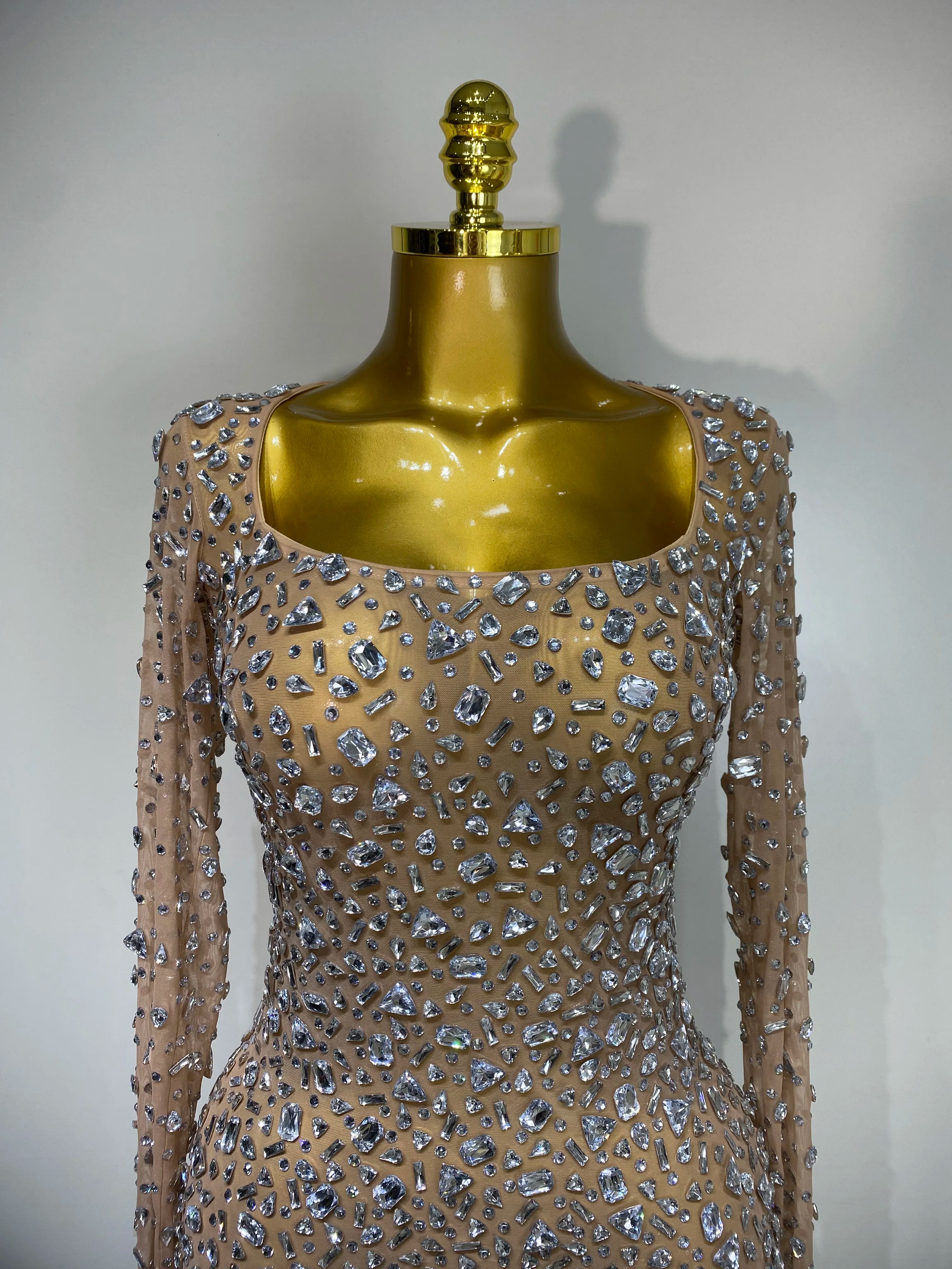 Sparkly Rhinestone Sexy Transparent Mini Dress Celebrity Evening Party Prom Birthday Photo Shoot Nightclub Stage Costume