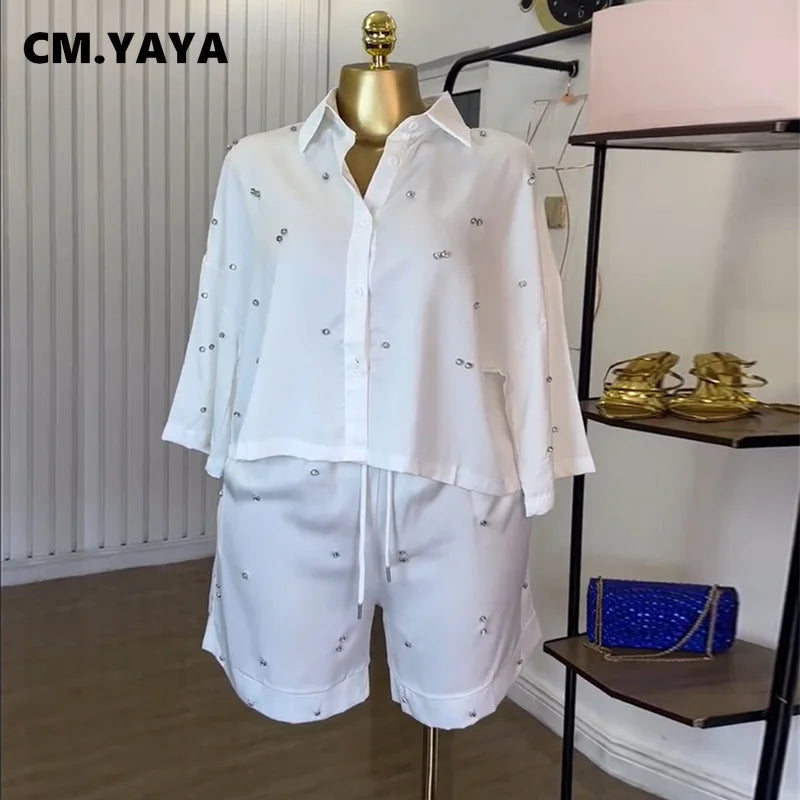 Beading Women's Set Long Sleeve Shirt and Shorts Suit 2025 Summer OL Fashion Two 2 Piece Sets Outfit Tracksuit