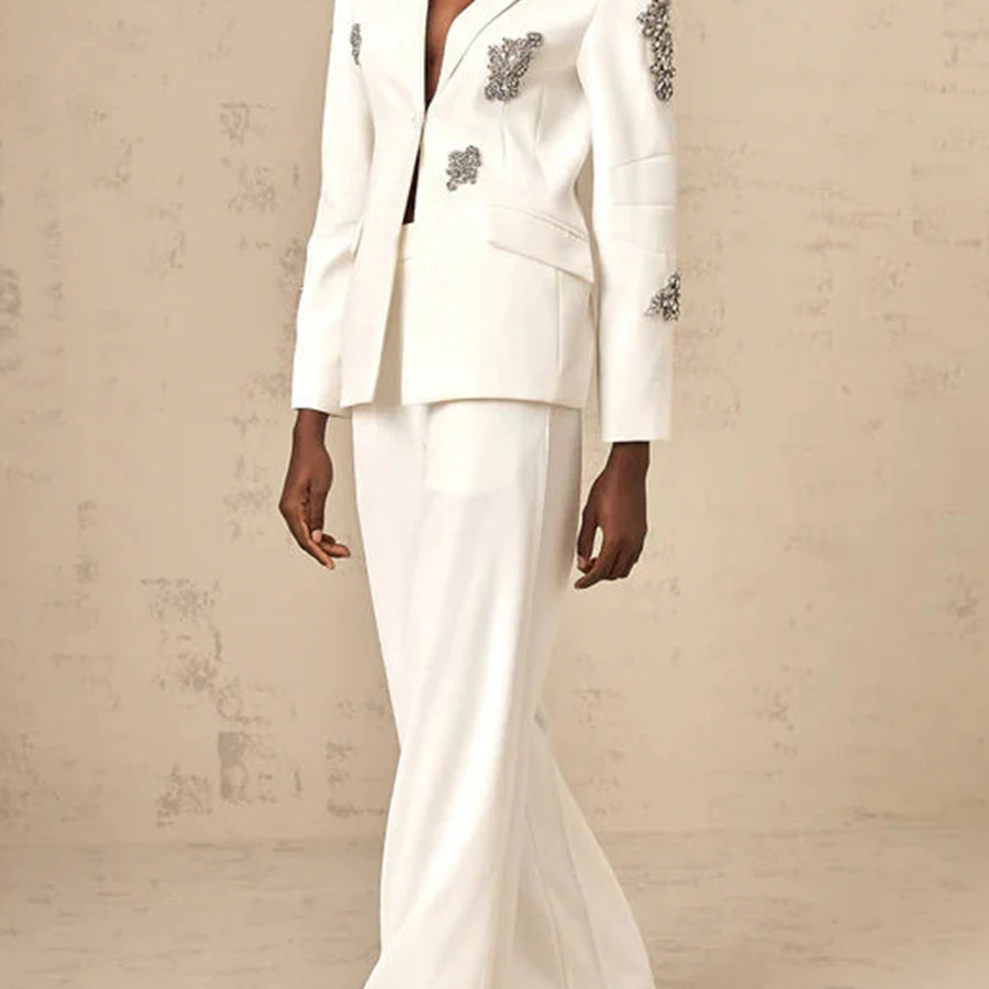 Solid Fashion Two Piece Set for Women Notched Spliced Pockets Blazer High Waist Wide Leg Pants Female Clothing New